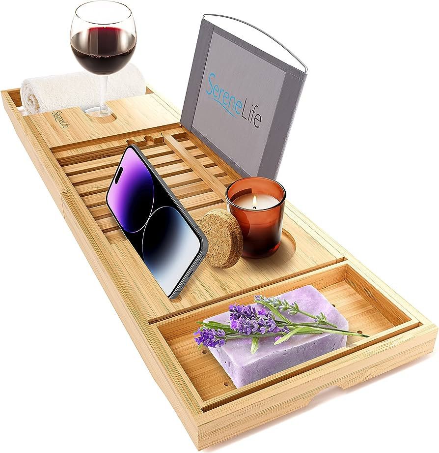 SereneLife Luxury Bamboo Bathtub Caddy Tray - Adjustable Natural Wood Bath Tub Organizer with Win... | Amazon (US)