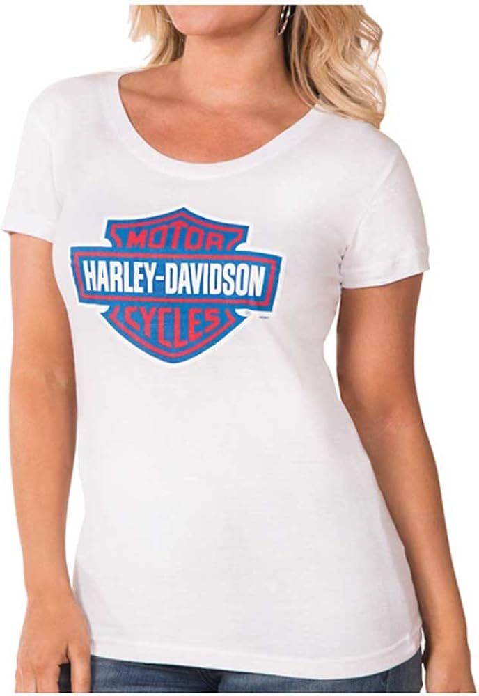 Harley-Davidson Women's RWB Bar & Shield Logo Short Sleeve Tee - White | Amazon (US)