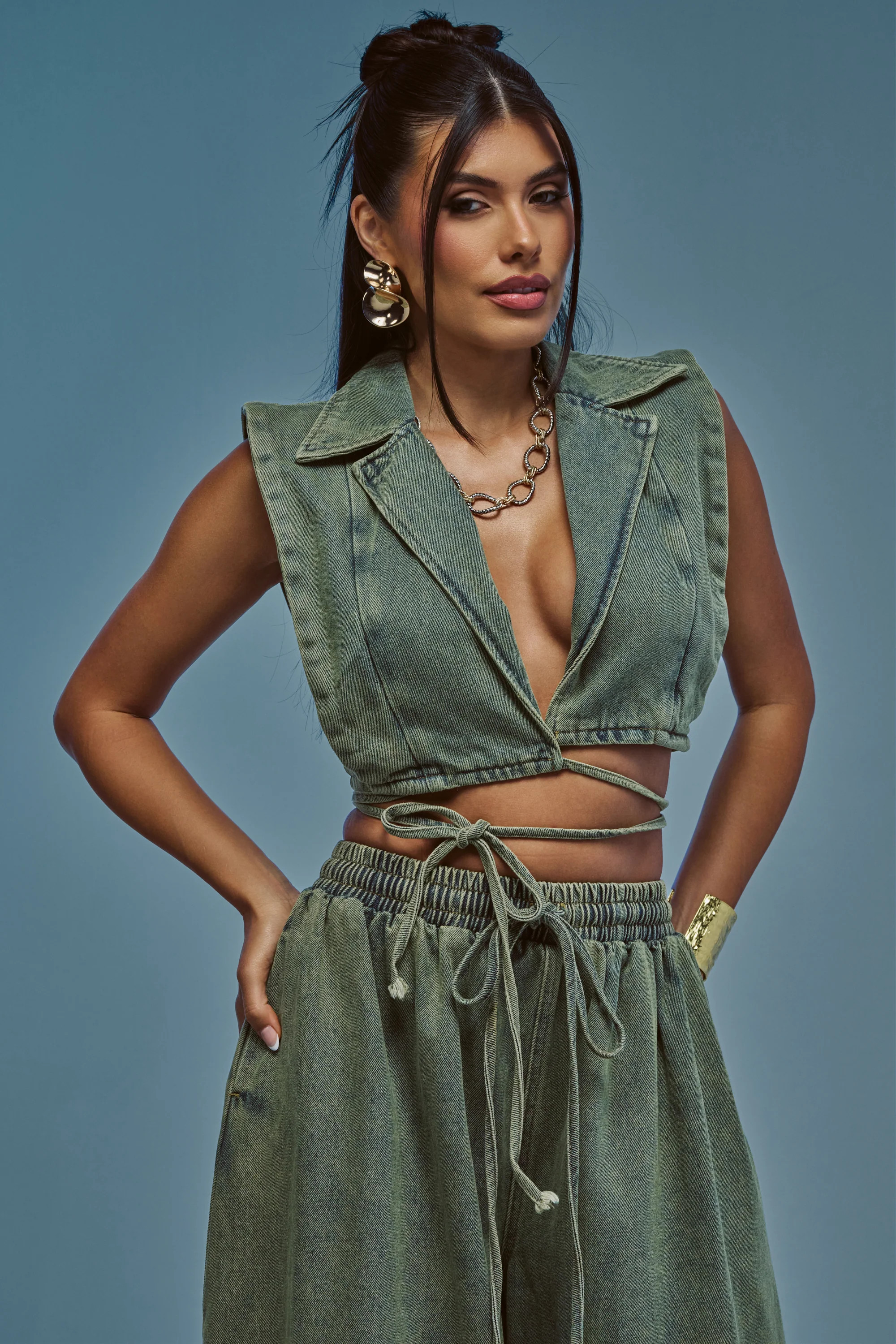GUESS WHO V-NECK COLLARED BLOUSE IN DENIM | AKIRA