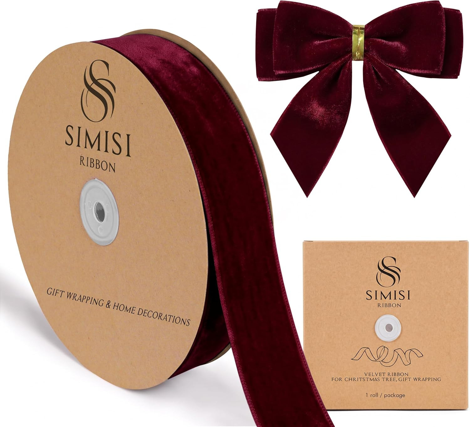 Burgundy Velvet Ribbon 1.5'' 25 Yards for Christmas Tree, Gift Wrapping, Flower Bouquet, Wreath Decorations, Bow Making | Amazon (US)