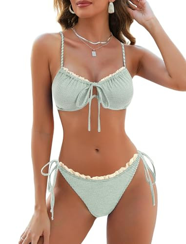 ZAFUL Women High Cut Bikini Sets String Sexy Swimsuit Two Piece Underwire Bathing Suit Brazilian Cheeky Cut Out Cute Swimwear Gingham Green S | Amazon (US)
