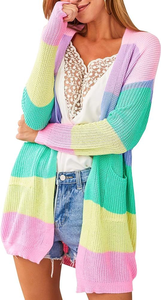 Womens Color Block Striped Draped Kimono Cardigan with Pockets Long Sleeve Open Front Casual Knit... | Amazon (US)