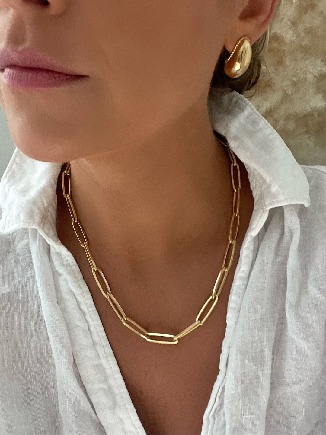 18k Gold Filled Chunky Link Chain Paperclip Chain Necklace - Etsy | Etsy (US)