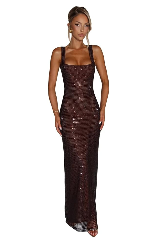 Sexy Sequin Prom Dress Square Neck Bodycon Tube Spaghetti Straps Formal Maxi Party Dress | Amazon (US)