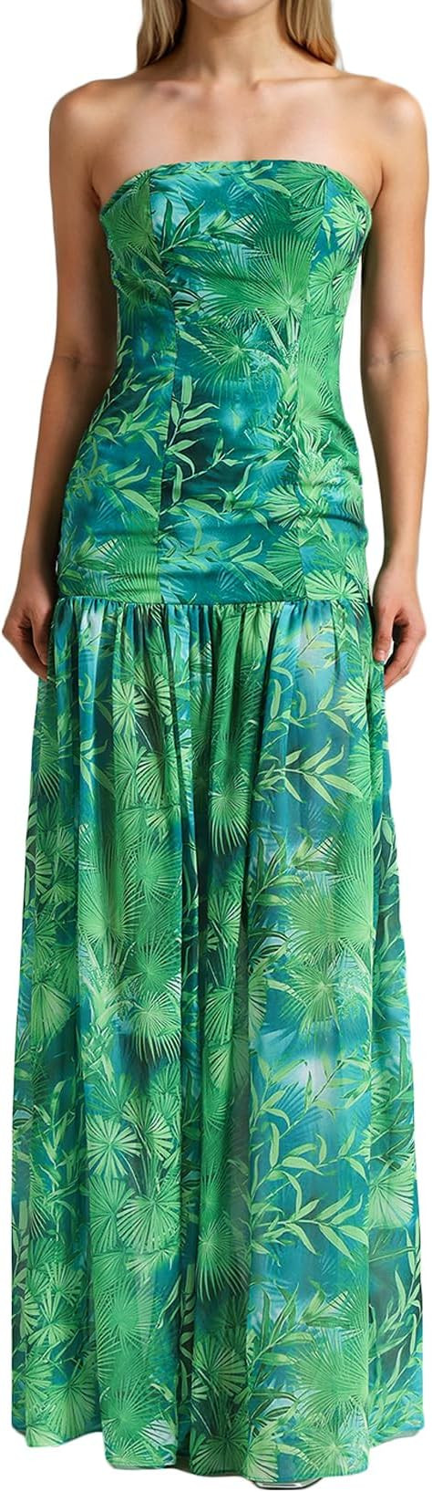 Leaves Chiffon Dress Classic Print Pleated Dress for Women Green Strapless Dress for Women | Amazon (US)
