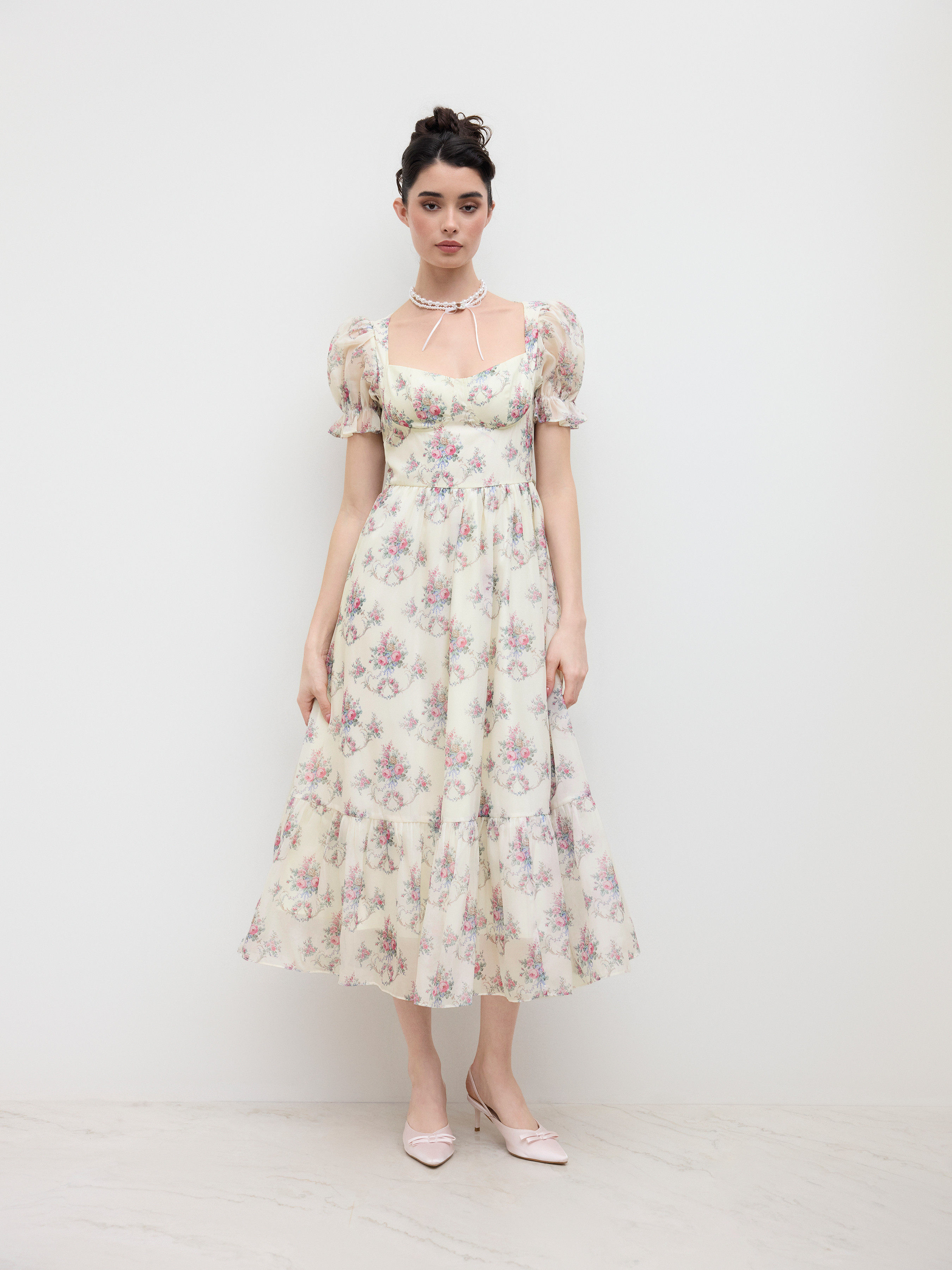 Woven Square Neck Floral Puff Sleeve Midi Dress For Date | Cider