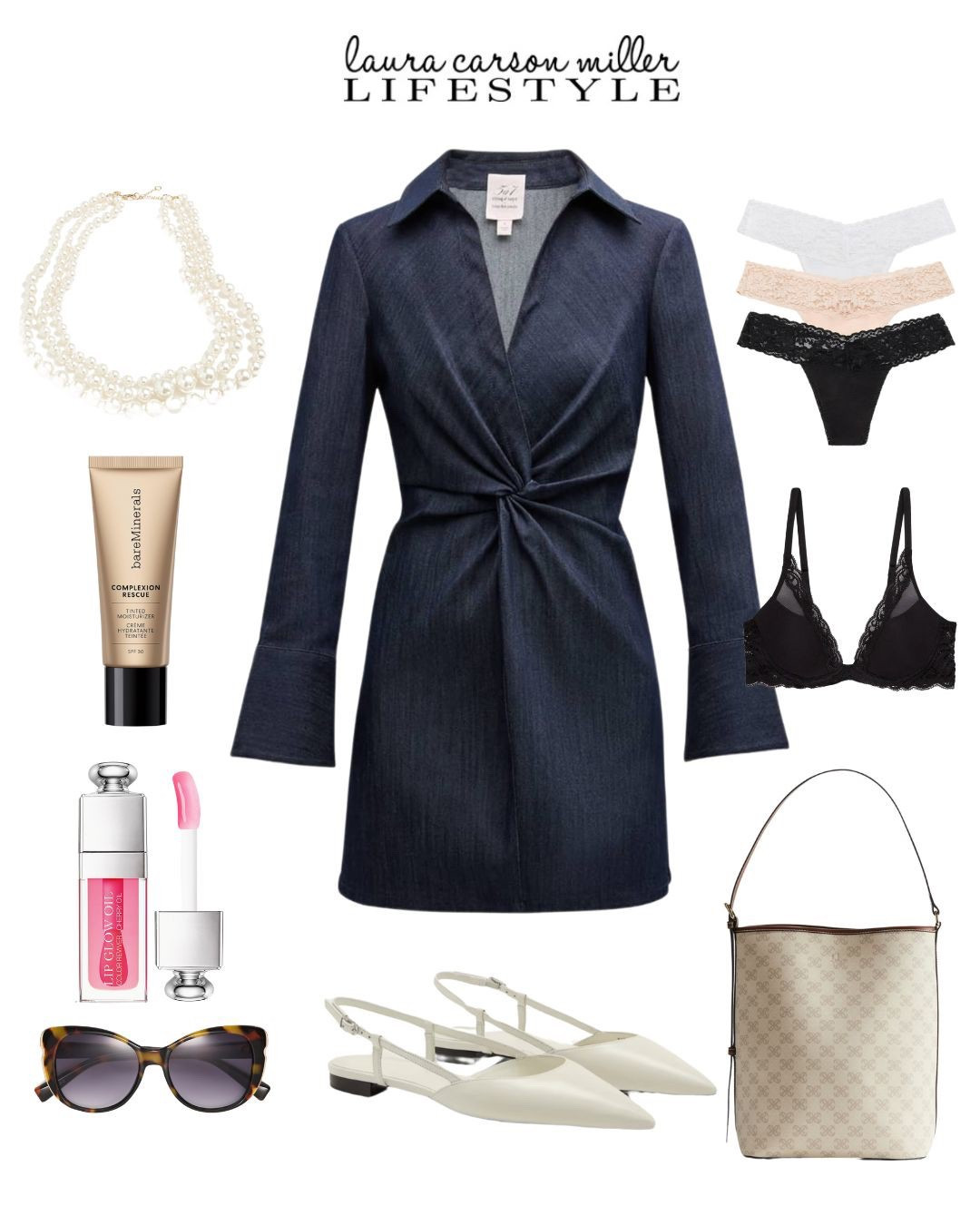 You know you want to add McKenna to your wardrobe! Add a camisole or tank underneath if you’re a bit more modest. 
Laura Carson Miller, spring outfit, vacation outfit, office outfit, denim dress, slingback flats, bucket bag, tinted moisturizer, lip oil, pearl necklace, outfit ideas, plunge bra, hanky panky thongs, oversized sunglasses 

#LTKStyleTip #LTKFindsUnder50 #LTKBeauty