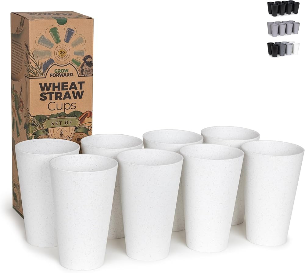 Grow Forward Premium Reusable Plastic Cups - 20 oz Wheat Straw Cups Set of 8 - Unbreakable BPA Fr... | Amazon (US)