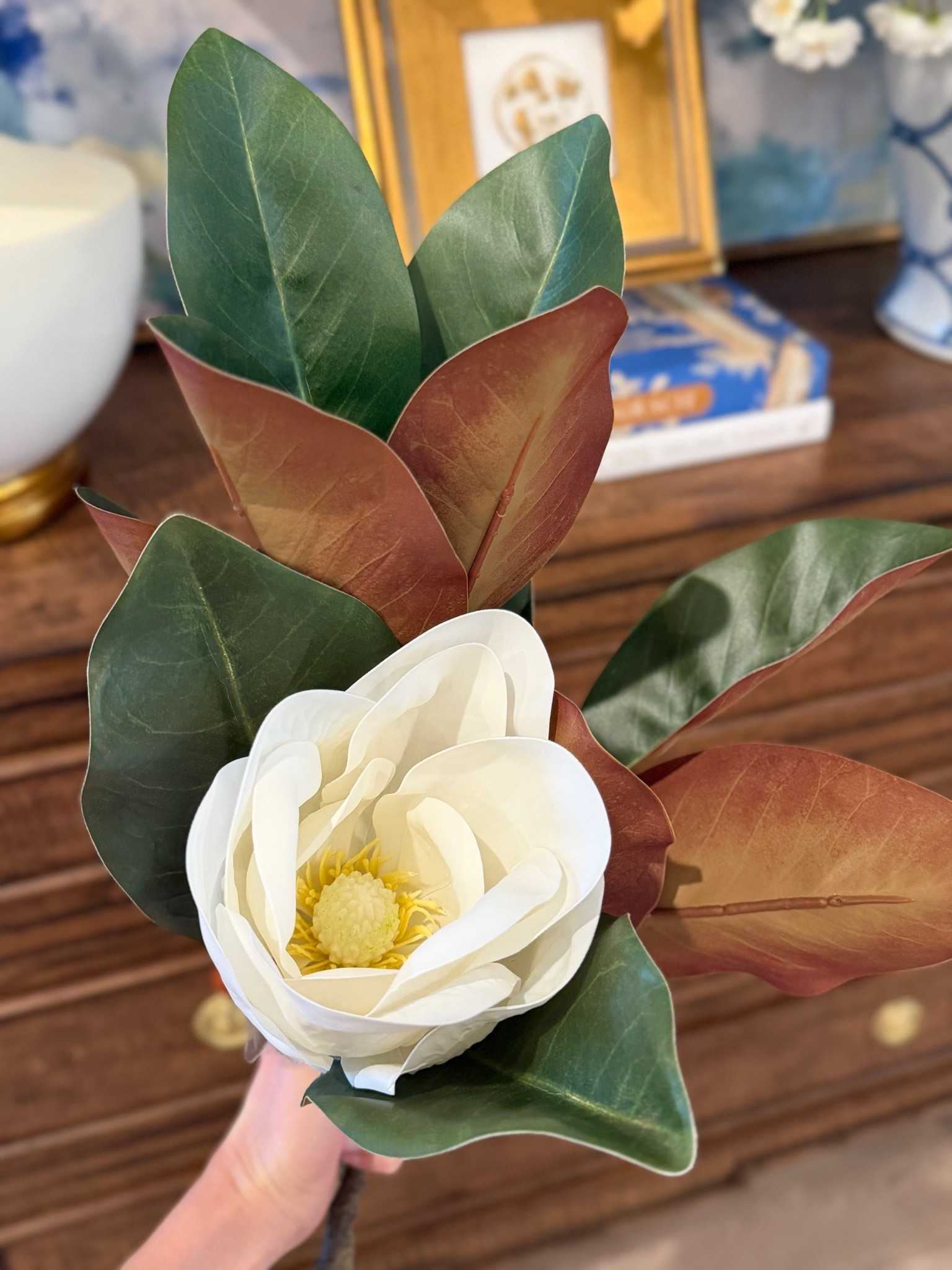 Amazon faux magnolia stems and flowers, good option if you’re looking for more affordable short stems