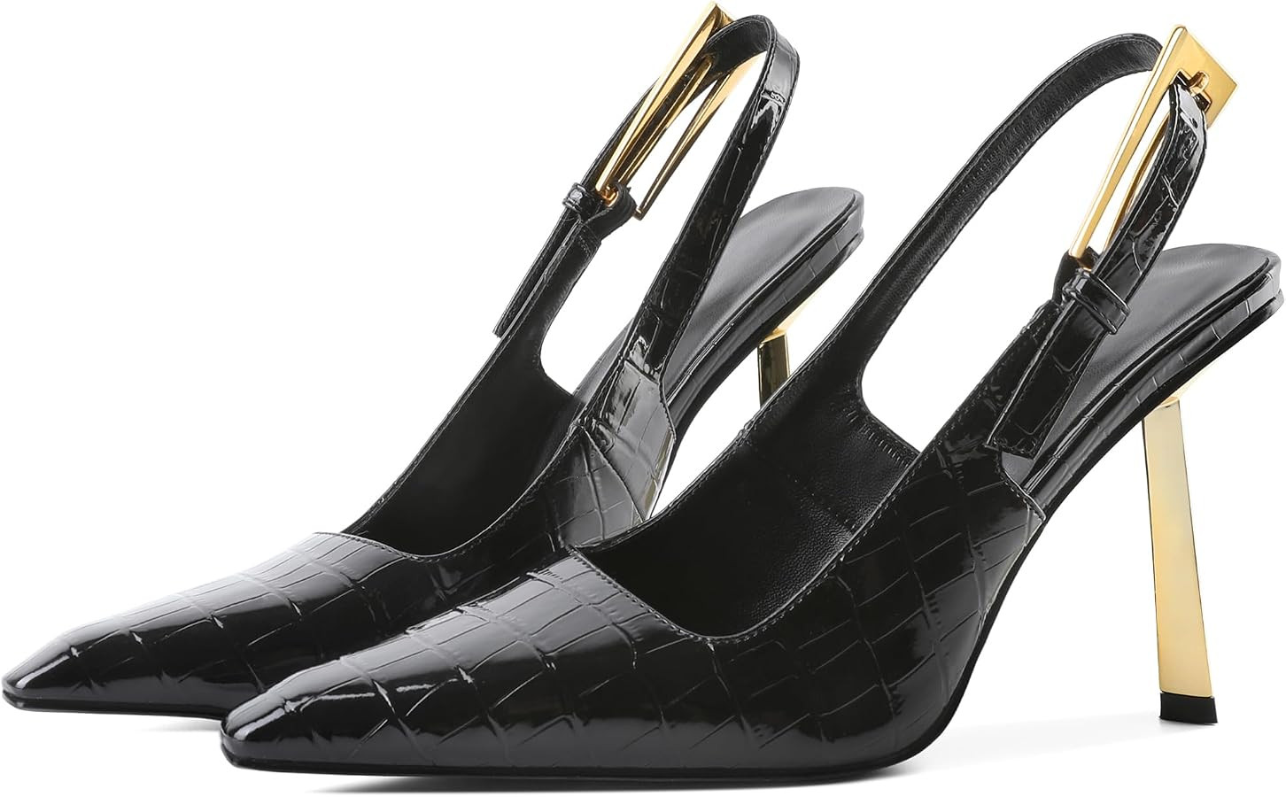 Eldof Slingback Heels for Women Metallic Buckle Square Toe Slip On Gold Stilettos High Heel Pumps... | Amazon (US)
