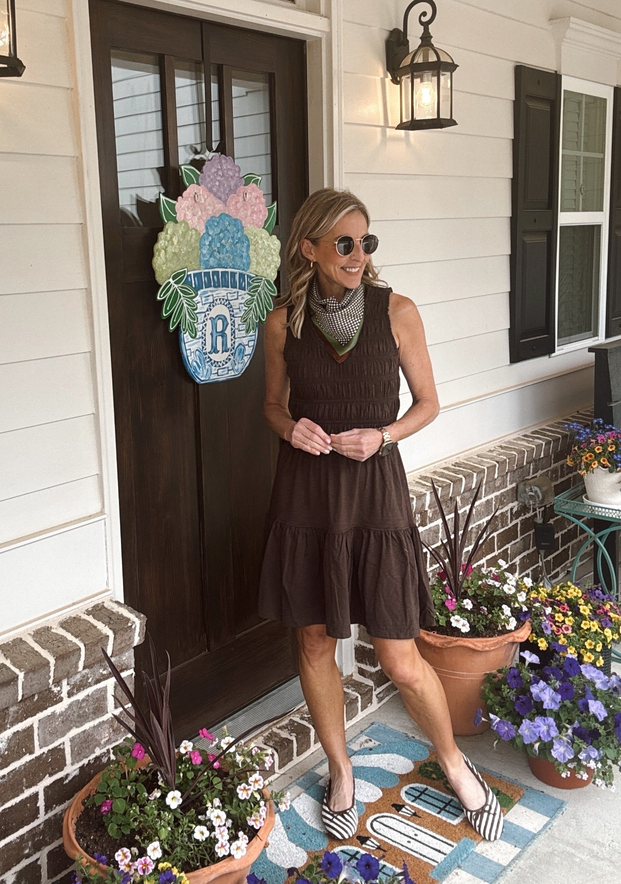 Under $20 new Walmart arrival cute dress that I added these Fun brown and white striped flats and Amazon scarf  
