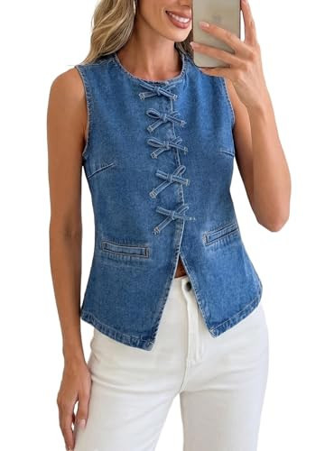 YEXPINE Women's Bow Front Denim Vest Button Down Crewneck Sleeveless Fitted Jean Vest Top | Amazon (US)