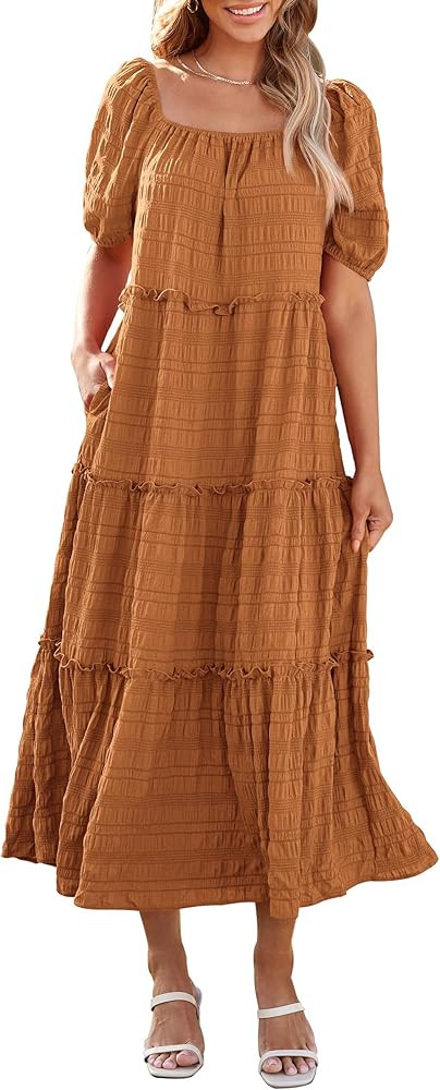 PRETTYGARDEN Women's Summer Maxi Dress Short Sleeve Square Neck Ruffle Tiered Flowy Casual Boho L... | Amazon (US)