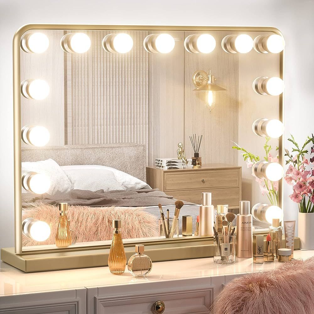 Keonjinn Gold Vanity Mirror with Lights, 15 Replaceable Bulbs Hollywood Makeup Mirror with 2 Repl... | Amazon (US)