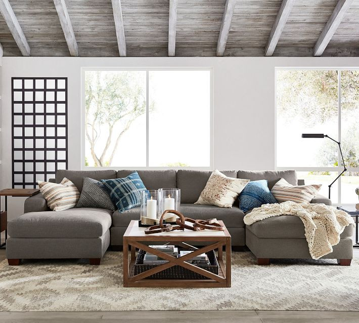 Big Sur Square Arm Upholstered U-Chaise Grand Sofa Sectional with Bench Cushion, Down Blend Wrapped Cushions, Performance Basketweave Parchment | Pottery Barn (US)