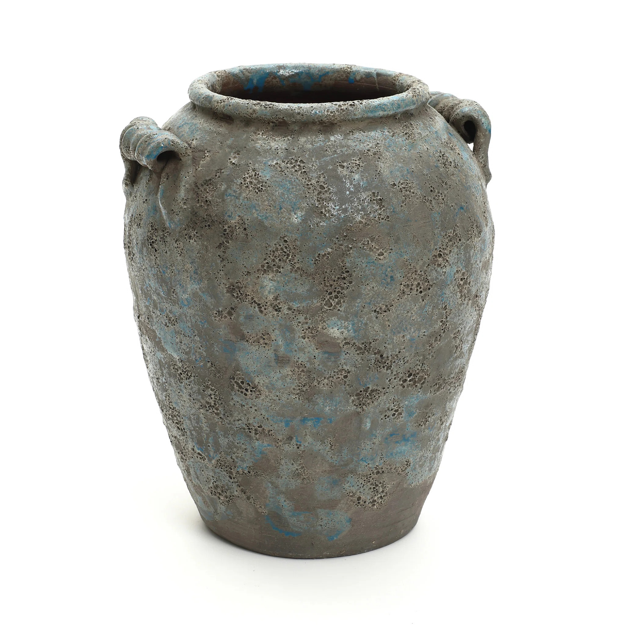 Antiqued Blue & Brown Terracotta Vase with Handles, 12.6" Tall Vintage Pottery | Wayfair North America