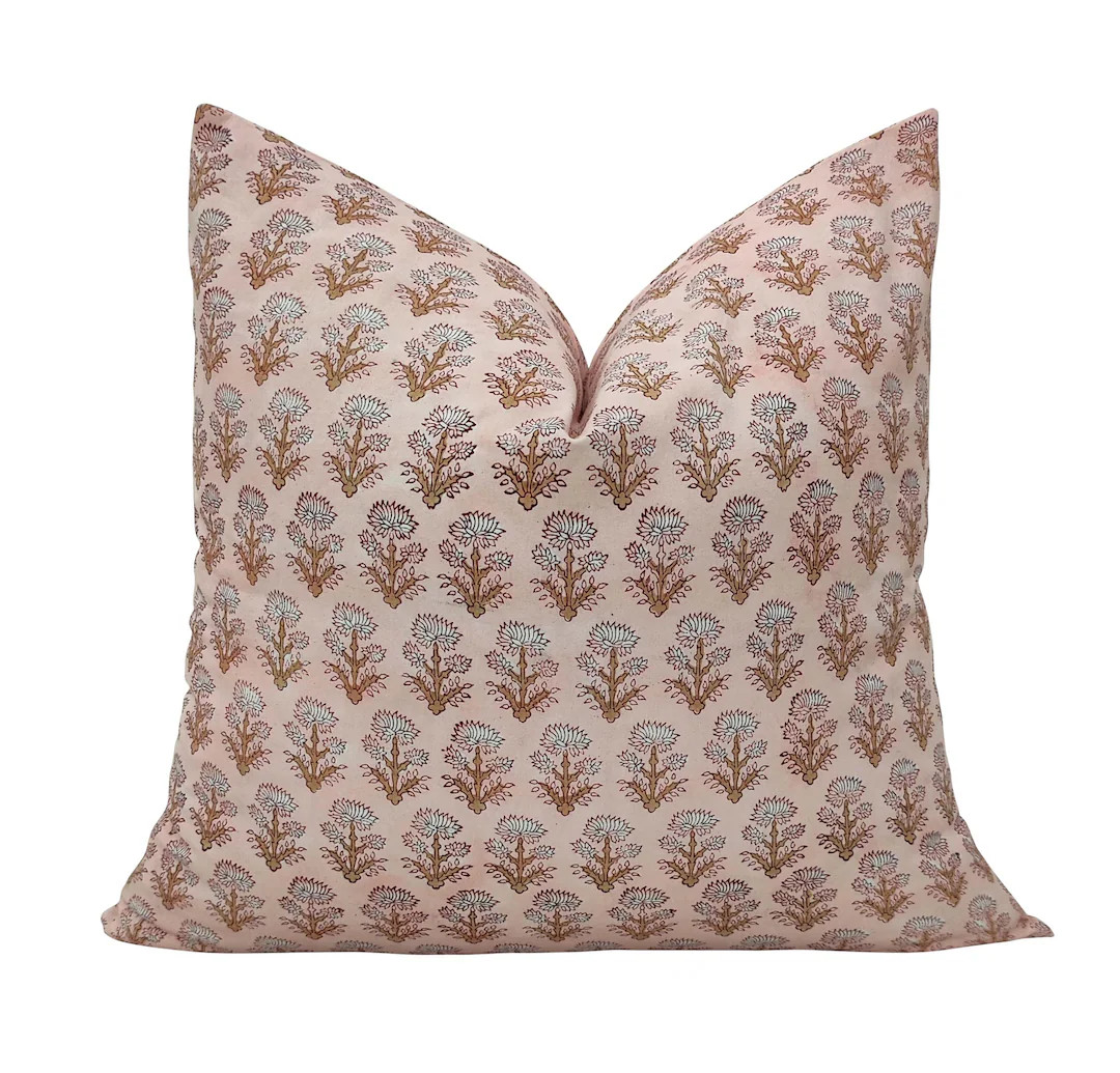 Indian Hand Block Print Throw Pillows Organic Cotton Pink & Brown Flowers, Pillowcase, Cushion Co... | Etsy (US)