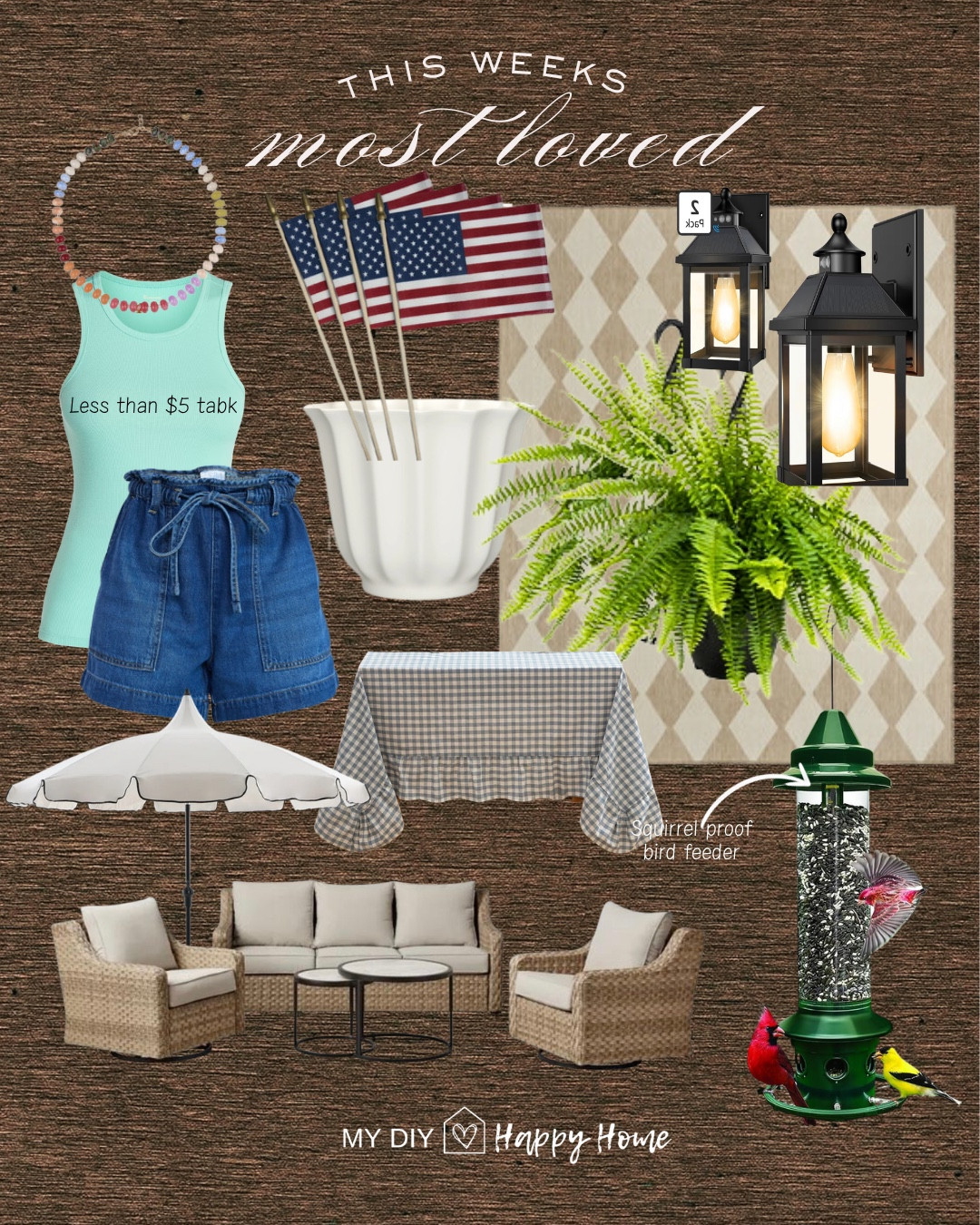 The most loved and best sellers from last week:

Beaded necklace 
High neck tank- under $5
Paperbag waist shorts
Flags
Scallop planter 
Outdoor check rug 
Solar wall lanterns 
Boston ferns (shade loving)
Gingham tablecloth, ruffle edge 
My outdoor furniture, comes in three colors
Scallop edge outdoor umbrella 
Squirrel proof bird feeder

#LTKSeasonal #LTKHome #LTKMidsize