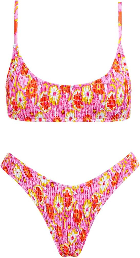 VOLAFA Women's Triangle Bikini Set Smocked Textured Scoop Frilled Print Ruched Elastic Swimsuit T... | Amazon (US)