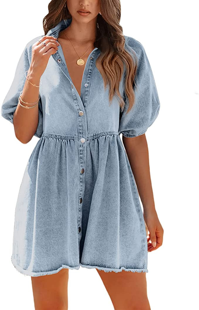 Pepochic Womens Summer Denim Dress Button Down Short Sleeve Babydoll Dress Puff Sleeve Flowy Jean... | Amazon (US)