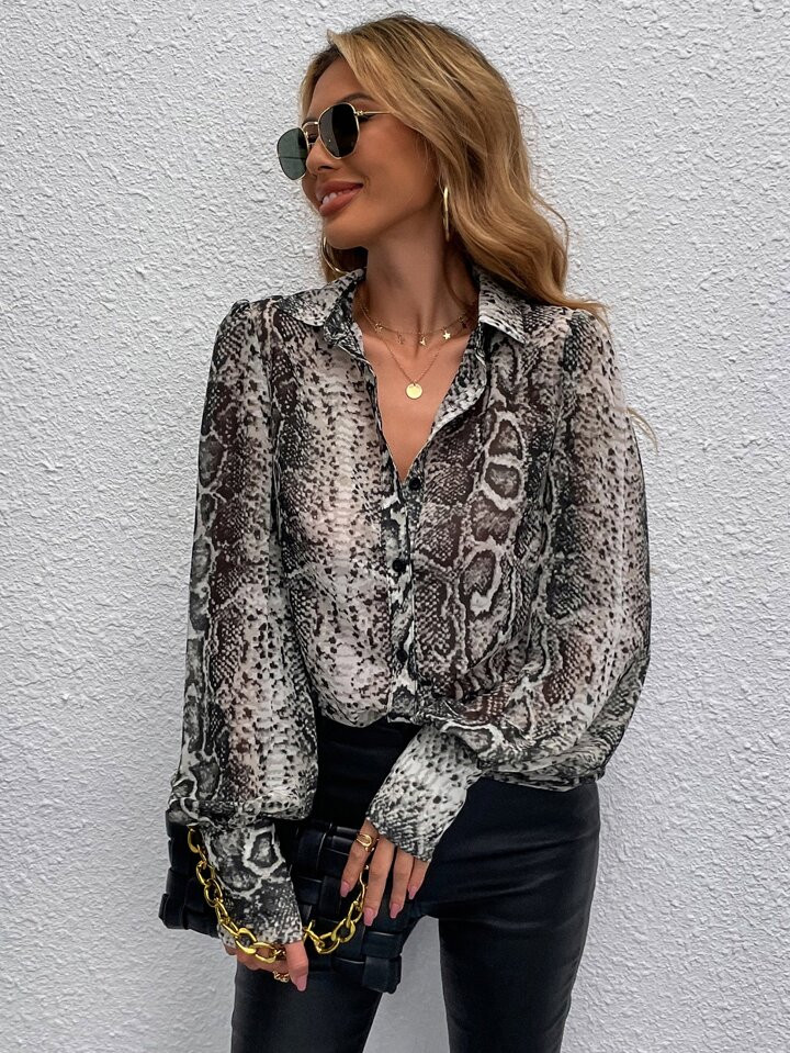SHEIN LUNE Snakeskin Print Bishop Sleeve Shirt | SHEIN