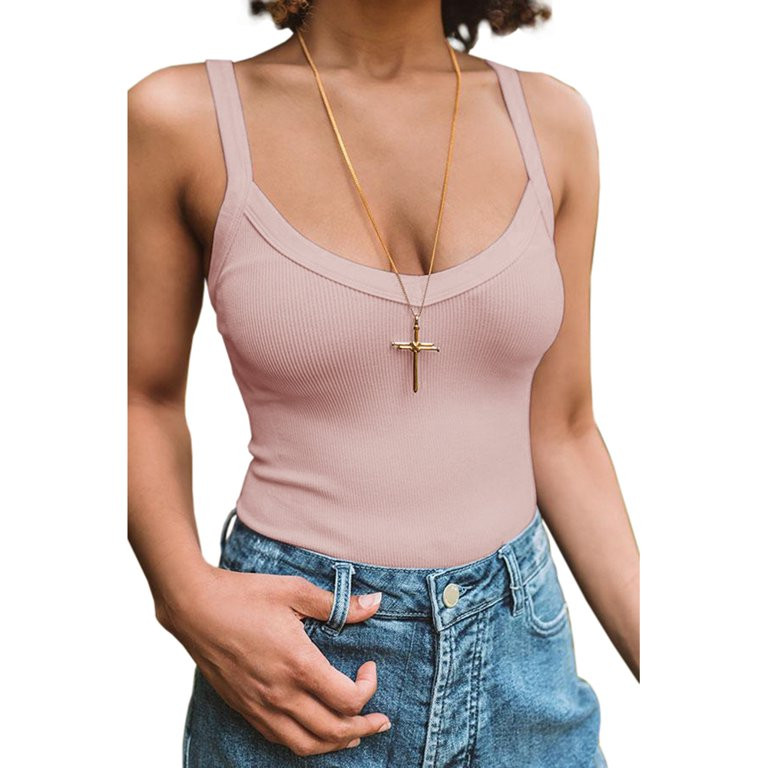 Womens Scoop Neck Tank Tops Ribbed Spaghetti Strap Sleeveless Slolid Slim Fit Knit Shirts | Walmart (US)