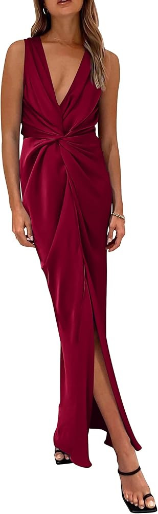 PRETTYGARDEN Women's Satin Ruched Bodycon Dress Summer 2023 Twist Front V Neck Sleeveless Split M... | Amazon (US)
