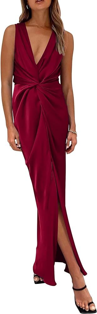PRETTYGARDEN Women's Satin Ruched Bodycon Dress Summer 2023 Twist Front V Neck Sleeveless Split M... | Amazon (US)