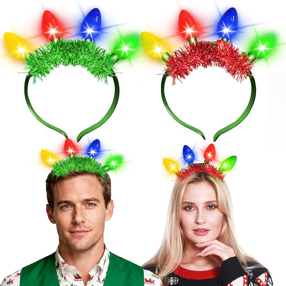 TURNMEON 2 Pack Light up Christmas Headbands, 3D Colored Bulb, 6 Lighting Modes, Xmas Light Neckl... | Amazon (US)