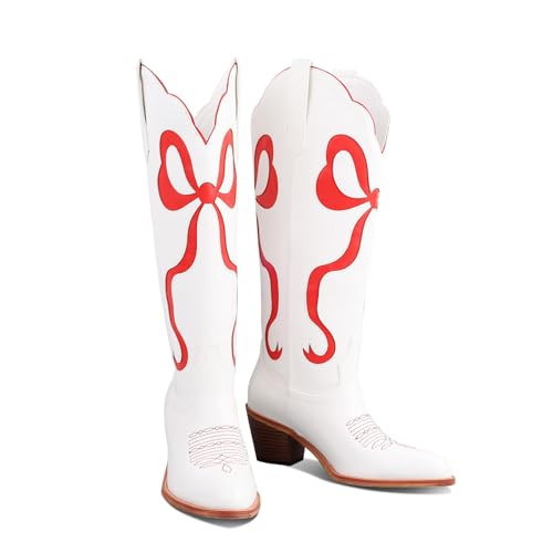 LingxiaUne Western Cowboy Boots - White Cowboy Boots with Red Bow Mid Calf Cowgirl Boot for Women Comfortable Chunky Heel Ideal for Country Night Party Size 7.5 | Amazon (US)