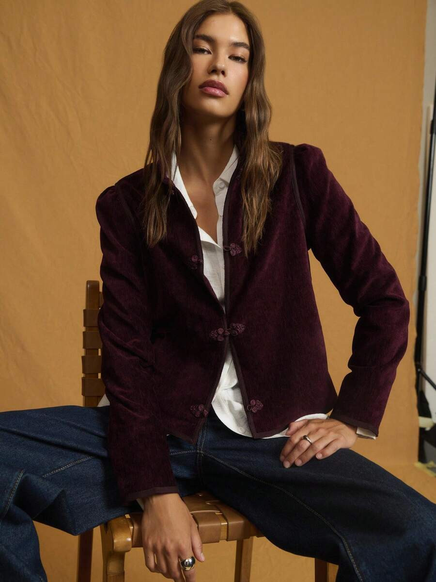 Nöista Burgundy Velvet Jacket With Stand Collar And Detailed Chinese Buttons In A Tailored Shape... | SHEIN