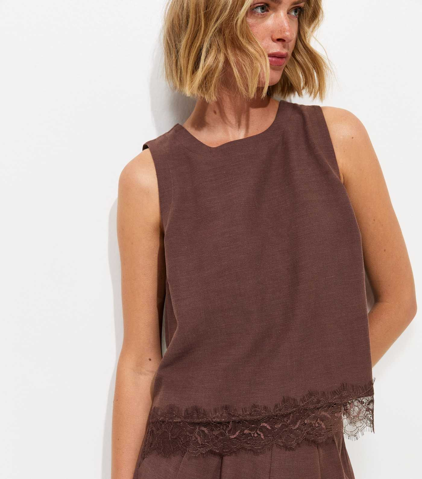 Dark Brown With Cotton Lace Hem Sleeveless Top | New Look | New Look (UK)