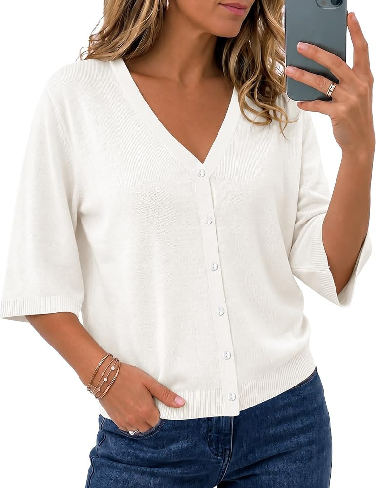 Bbonlinedress Women Half Short Sleeve Summer Cardigan Sweater Lightweight Button Down V Neck Knit... | Amazon (US)