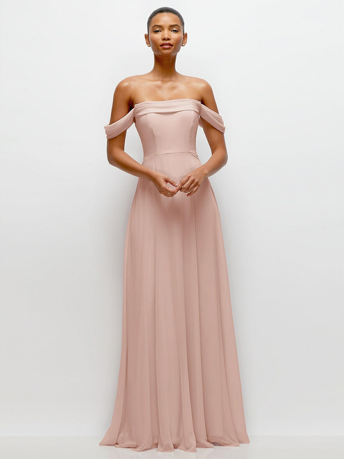 Off-the-Shoulder Draped Neckline Maxi Dress | The Dessy Group