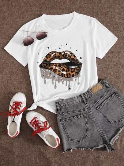 Plus Leopard Mouth Print Short Sleeve Tee | SHEIN