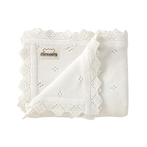 mimixiong Cotton Baby Blanket Knitted Crochet Receiving Crib Nursery Swaddling Blankets for Newborn Baby Boy Girl Off White 30x40 Inch | Amazon (US)