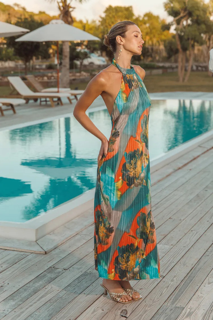 Luala Turquoise Multi Print Plisse Backless Maxi Dress | beach vacation dress  | Lulus
