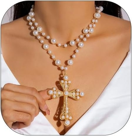 Gothic Cross Necklace for Women Exaggerate Big Pearl Beaded Cross Statement Necklaces Sparkling C... | Amazon (US)