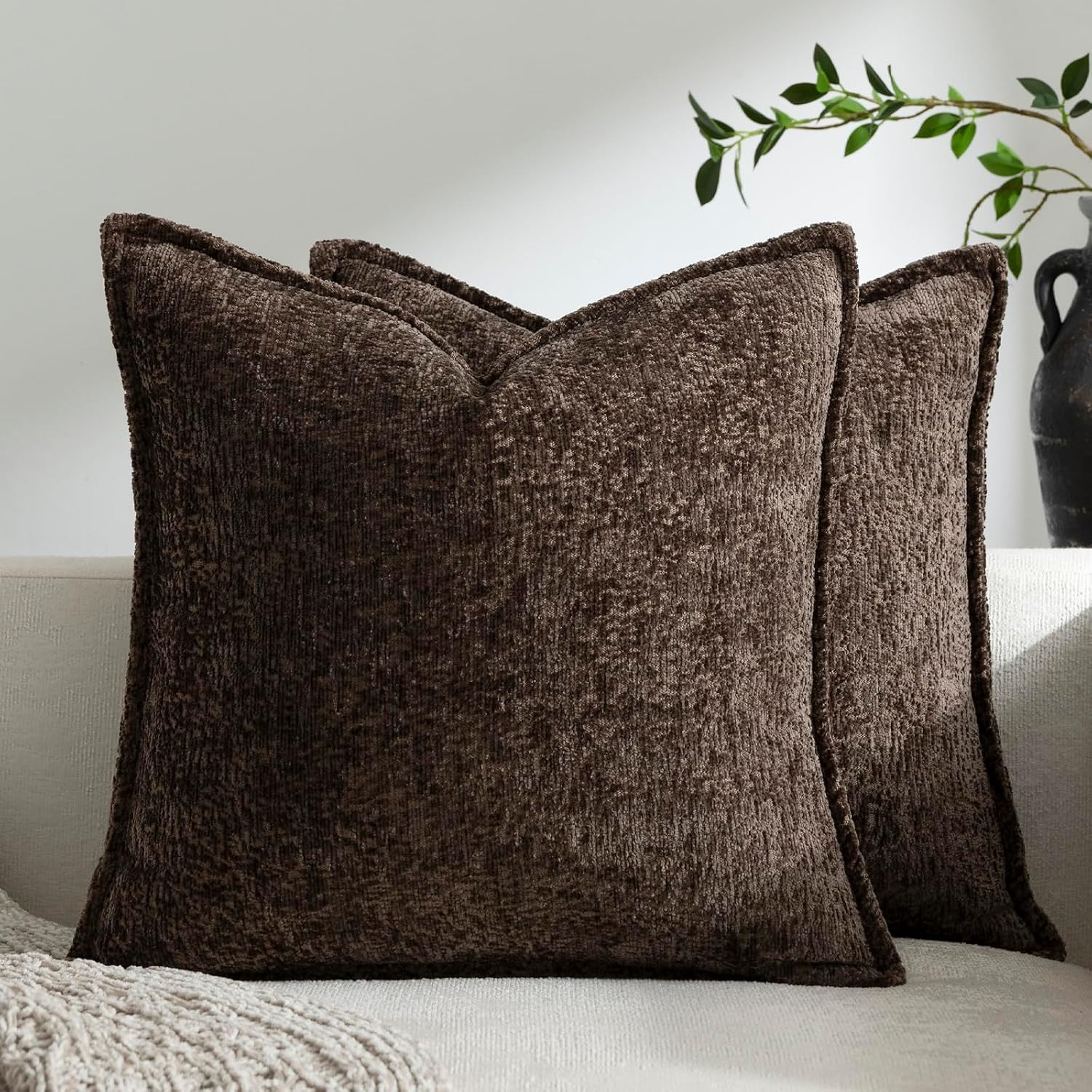 Pack of 2 Chocolate Brown Decorative Throw Pillow Covers 20x20 Cozy Soft Chenille Accent Vintage Square Couch Pillow Covers for Home Decor Bed Sofa Living Room | Amazon (US)