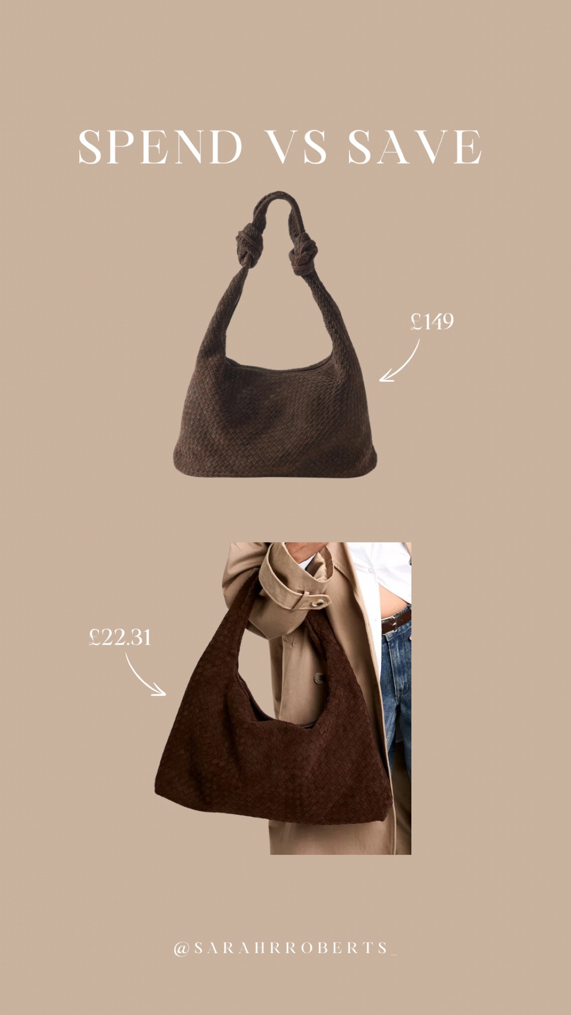 SPEND VS SAVE 💸

I found the perfect suede bag for a fraction of the price of this more high end mint velvet bag!

Boohoo bag use code SARAHV for an additional 15% off



#LTKbag #LTKluxury #LTKautumn