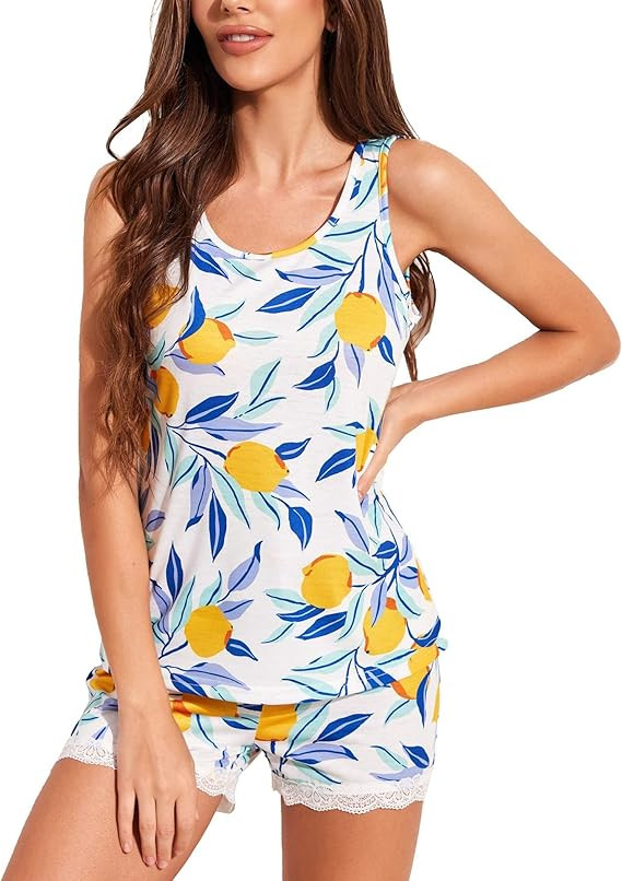 Ekouaer Womens Pajama Sets Sleeveless Tank Top and Shorts Pj Set Lace Hem Sleepwear S-XXXL | Amazon (US)