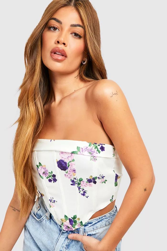 Ditsy Floral Printed Strapless Bengaline Corset Top | boohoo (US & Canada)