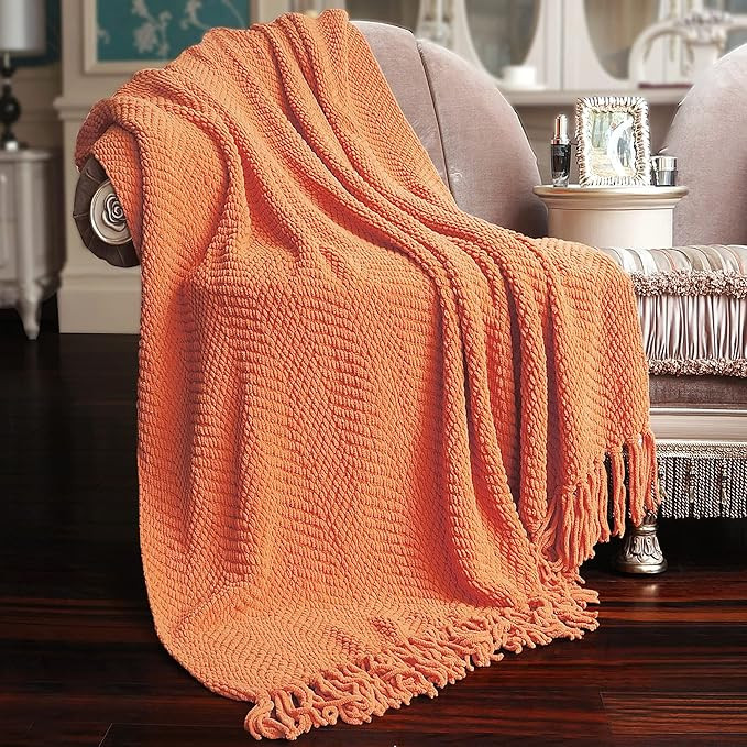 Home Soft Things Orange Throw Blanket Knitted Tweed Throw 60'' x 80'', Burnt Orange, Warm Super S... | Amazon (US)