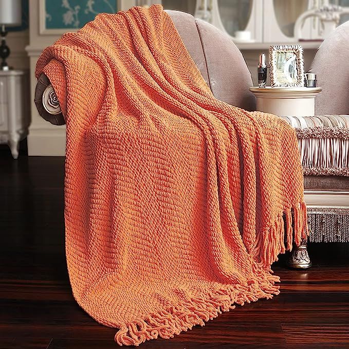 Home Soft Things Orange Throw Blanket Knitted Tweed Throw 60'' x 80'', Burnt Orange, Warm Super S... | Amazon (US)