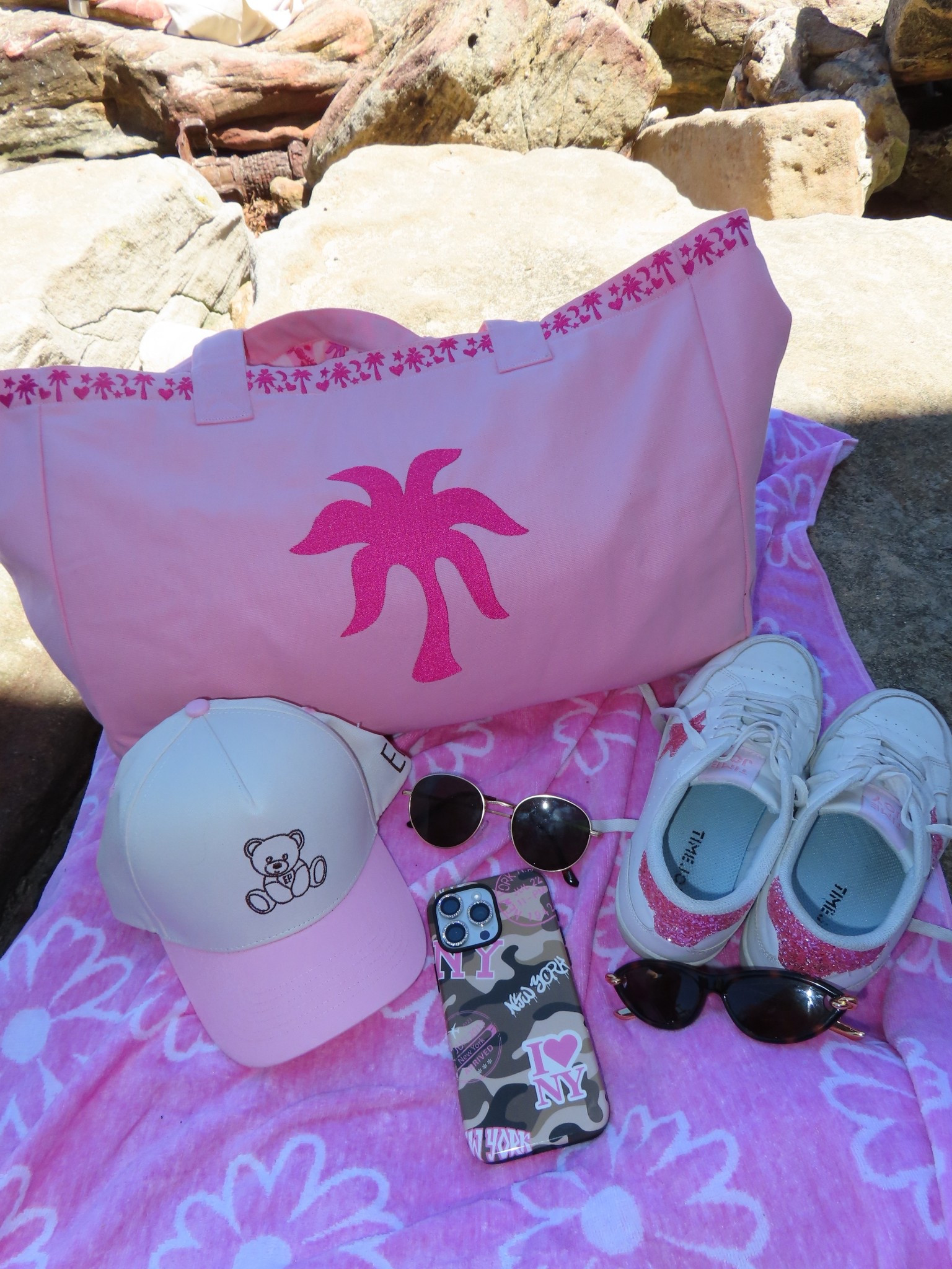 beach day accessories! tote is pink palm puff, hat is ep jewels, phone case is the ten lounge, towel is tjmaxx