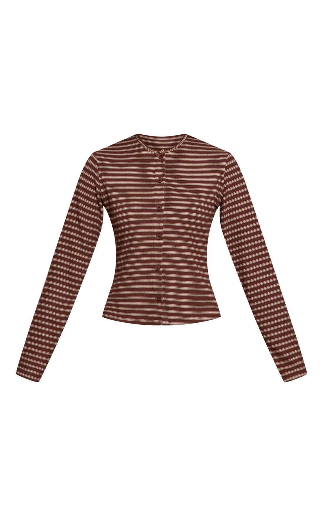 Dark Brown Soft Fleece Striped Button Up Top Co-ord | PrettyLittleThing UK