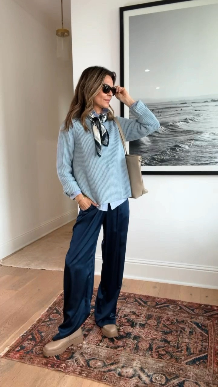 -Quince cotton sweater sz S TTS
-Satin pants
-Lug sole boots
-Julia Amory Oxford top Discount code Tammy15
