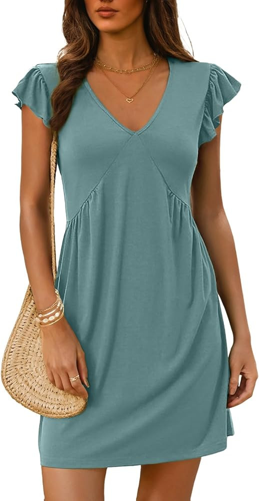 Dokotoo Women's Summer Dresses Beach 2025 Casual Deep V Neck Loose Sundress Ruffle Sleeve Mini Dr... | Amazon (US)