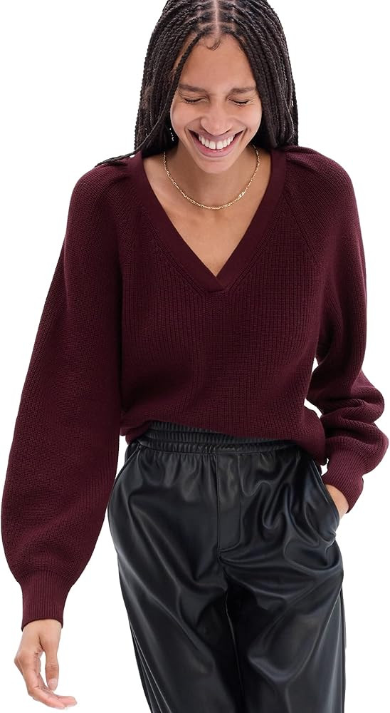GAP Women's Ribbed V-Neck Sweater with Oversized Sleeves | Amazon (US)