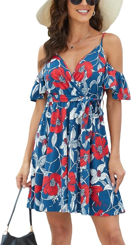 Leereya Cold Shoulder Floral Short Dress for Women Summer Spaghetti Strap Flowy Tropical Dresses Boh | Amazon (US)